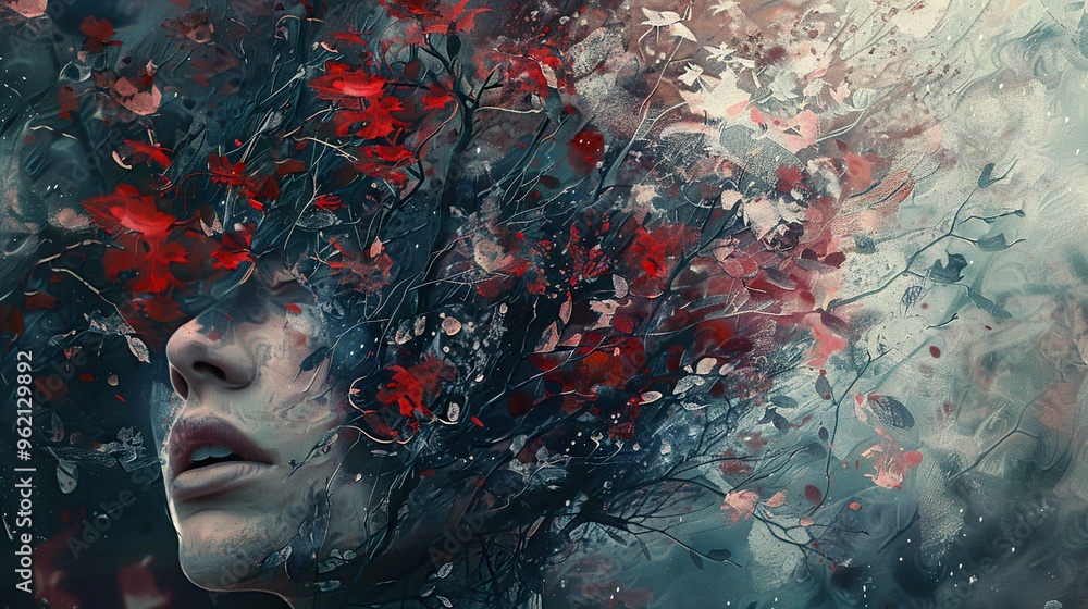 Dreamlike Portrait with Red Flowers and Branches Dreamlike Portrait with Red Flowers and Branches