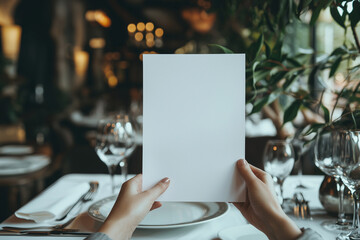 hand holdin a blank Menu paper, luxury restaurant table with a plate and silver cutlery background, blank mock up menu sheet