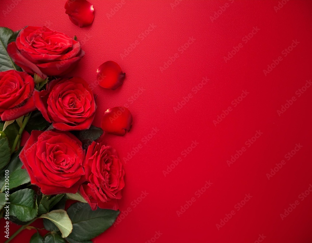 Vibrant red roses in a stunning top-view arrangement on a scarlet background - copy space available Vibrant red roses in a stunning top-view arrangement on a scarlet background - copy space available