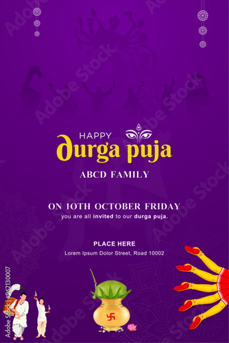 durga puja festival. happy durga puja. Poster, indian festival, invitation card, Story. durga puja Durga Face in Happy Durga Puja invitation card Story Maa durga Puja
 photo