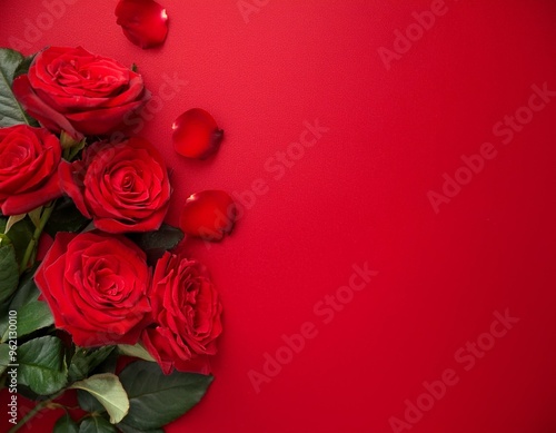 Vibrant red roses in a stunning top-view arrangement on a scarlet background - copy space available