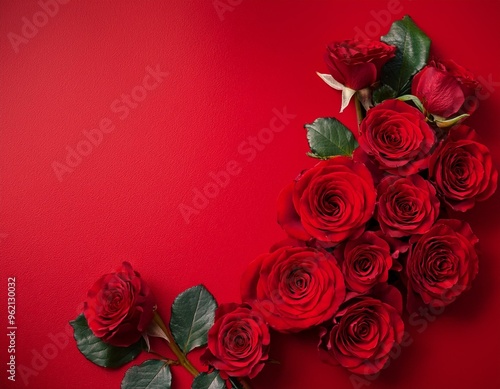 Vibrant red roses in a stunning top-view arrangement on a scarlet background - copy space available