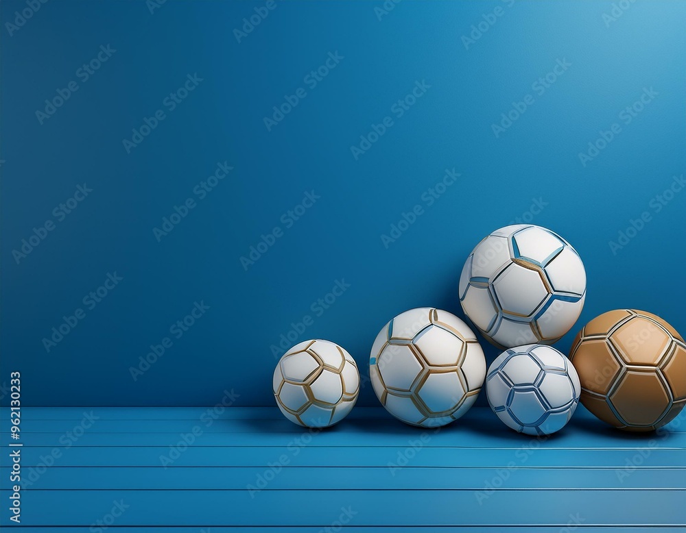 Fototapeta premium Realistic 3d render of classic soccer balls on a minimalistic blue background with ample copy space - perfect for sports-themed designs, promotional banners, and soccer-related concepts