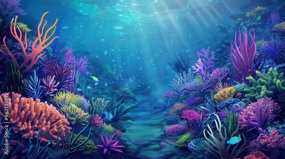 Obraz premium vibrant coral reef teeming with marine life underwater seabed background digital illustration