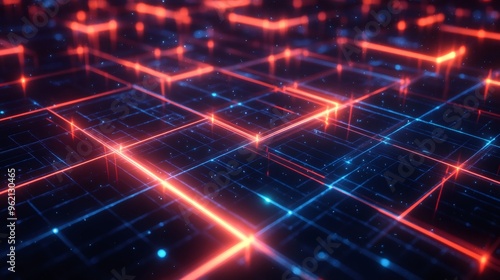 Abstract grid with glowing red and blue lines in a futuristic style.