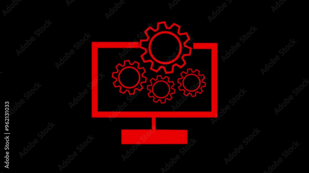 Monitor and gears red color  icon animation. 4K Video motion Animation.