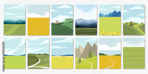 Nature field landscape in harvesting seasons. Cartoon summer spring autumn scenes