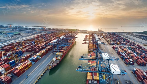 Aerial view of port containers with cranes handling international export and import logistics for business transportation, freight shipping, and distribution operations