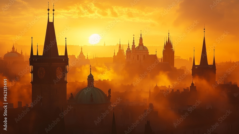 Opting for a sunrise view of the Prague skyline, focusing on its iconic spires and domes against an orange sky. The cityscape is shrouded in mist to create a mystical atmosphere Opting for a sunrise view of the Prague skyline, focusing on its iconic spires and domes against an orange sky. The cityscape is shrouded in mist to create a mystical atmosphere