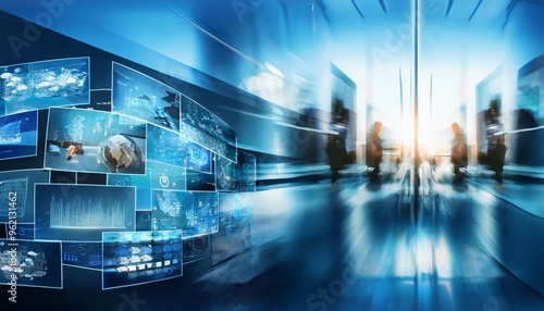 Collage of various blurry abstract images featuring business technology themes, ideal for presentation slides or backgrounds with ample copy space for headlines and corporate content