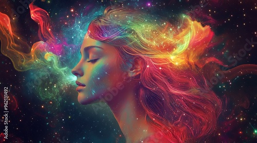 A surreal portrait of a woman with vibrant, cosmic colors flowing through her hair, embodying creativity and imagination.