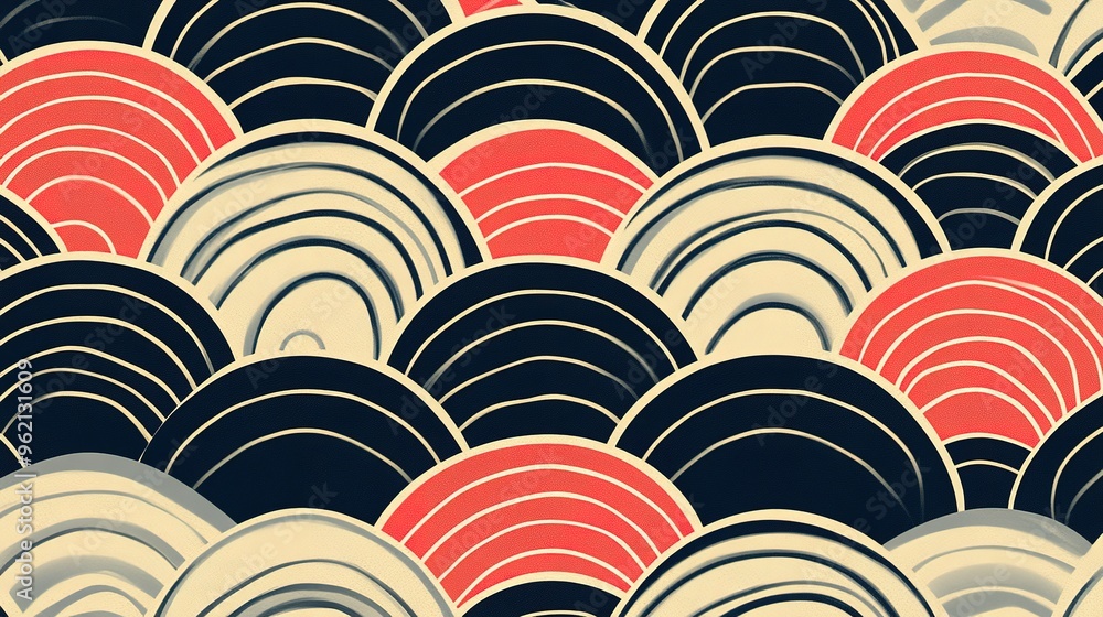 Fototapeta premium Abstract Pattern of Interlocking Arcs in Red, Black, and White