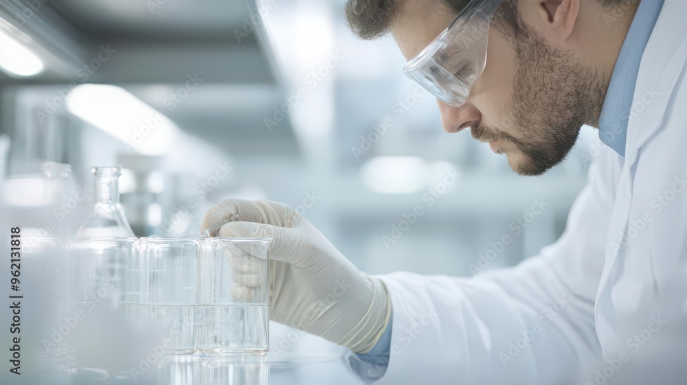 A scientist in a lab carefully conducts an experiment, handling glassware and observing chemical reactions. A scientist in a lab carefully conducts an experiment, handling glassware and observing chemical reactions.