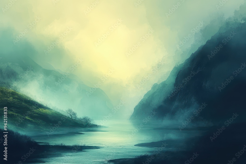 Naklejka premium Misty Mountain Valley With a River Flowing Through It