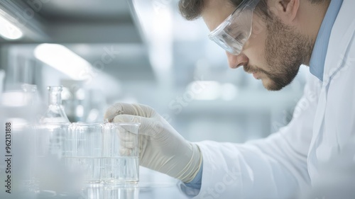 A scientist in a lab carefully conducts an experiment, handling glassware and observing chemical reactions. photo