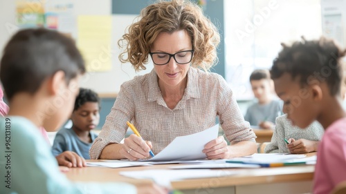 A focused teacher engages with students during a classroom activity, fostering learning and collaboration in a vibrant educational setting.