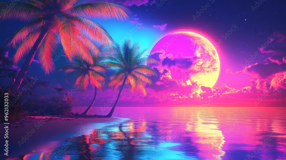 Naklejka premium Vibrant tropical landscape with palm trees, colorful sunset, and serene ocean reflecting vivid hues of pink and blue.