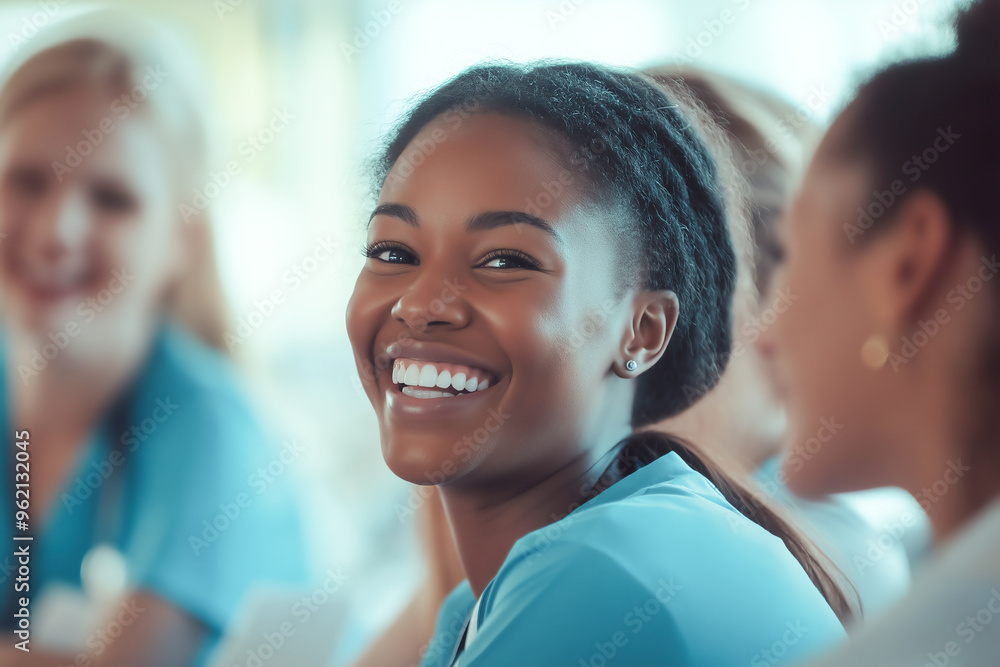 A smiling woman with braids sits in a group of people, possibly a workplace setting. The woman is wearing a blue shirt and is looking directly at the camera. A smiling woman with braids sits in a group of people, possibly a workplace setting. The woman is wearing a blue shirt and is looking directly at the camera.