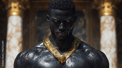 A powerful black man with a golden necklace stands before a grand, ornate background. photo