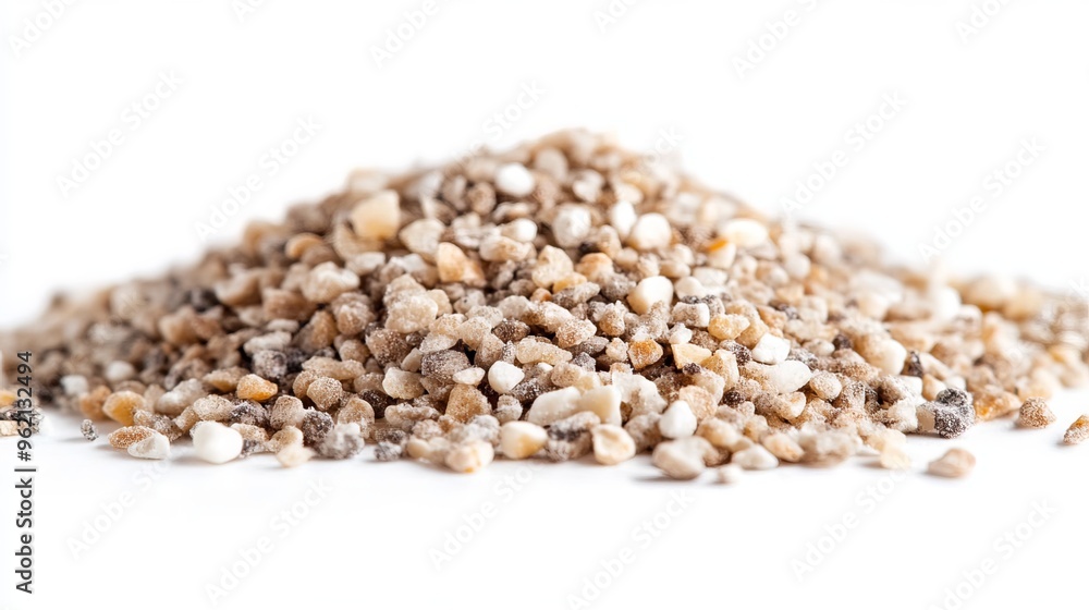 Pale, granular grains of beachfront sand isolated on a white backdrop, presented from a frontal perspective. Pale, granular grains of beachfront sand isolated on a white backdrop, presented from a frontal perspective.