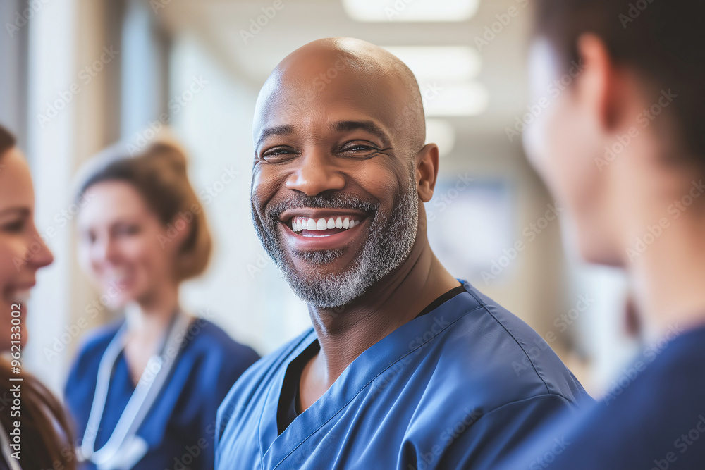 Smiling doctor in blue scrubs stands with colleagues in hospital hallway. Smiling doctor in blue scrubs stands with colleagues in hospital hallway.