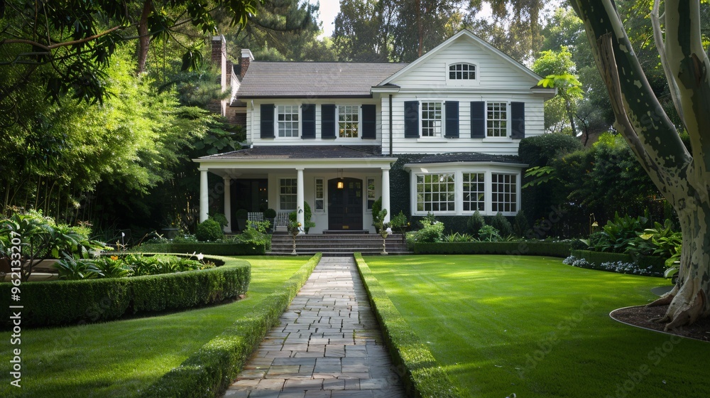Front view of a classic house with a well-manicured lawn Front view of a classic house with a well-manicured lawn