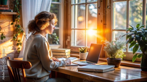 Young Woman Studying at Wooden Desk with Sunset View..