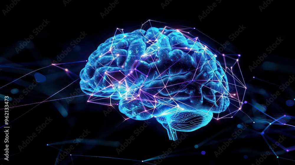 A glowing blue 3D brain with connecting lines on a black background. A glowing blue 3D brain with connecting lines on a black background.