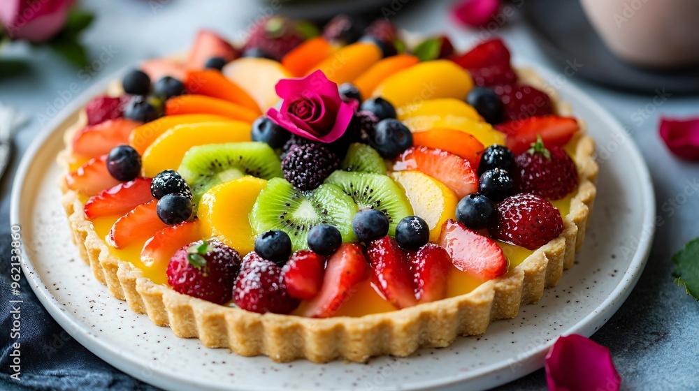 A colorful fruit tart topped with fresh fruit slices and edible rose petals, served on a white ceramic plate A colorful fruit tart topped with fresh fruit slices and edible rose petals, served on a white ceramic plate