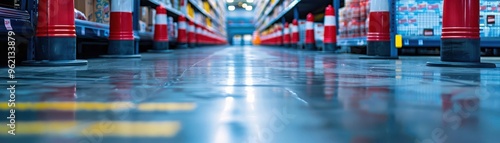 Realistic social distancing markers on the floor in a grocery store high-definition detail