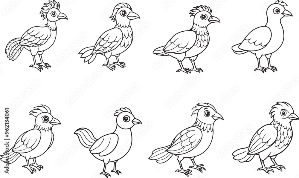 Fototapeta premium Black line art of a dancing peacook bird for kids coloring drawing book in white background