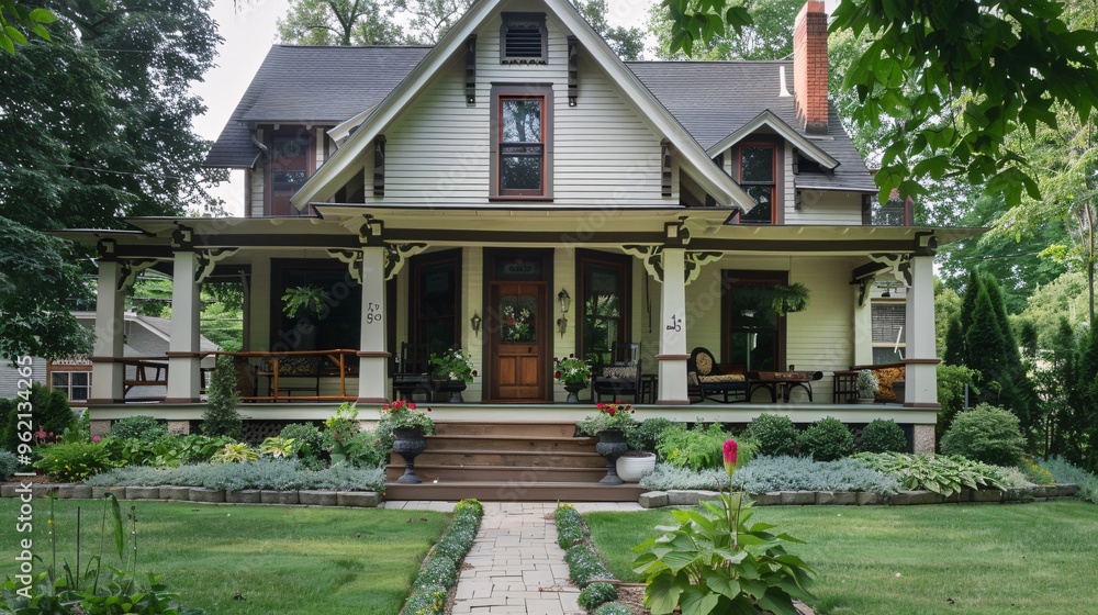 Obraz premium Classic house with charming exterior and inviting front porch