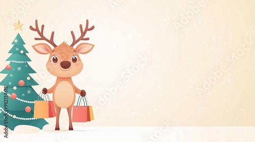 Christmas Sale Banner Featuring a Joyful Reindeer in a Santa Hat, Surrounded by Festive Decorations, a Shopping Cart, and Bright Holiday Offers, Ideal for Retail Promotions and Cheerful Holiday Advert