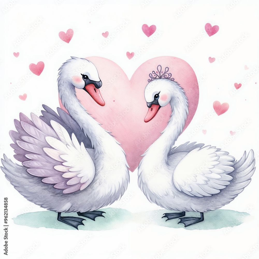 Fototapeta premium Cute swans with heart on white background.AI
