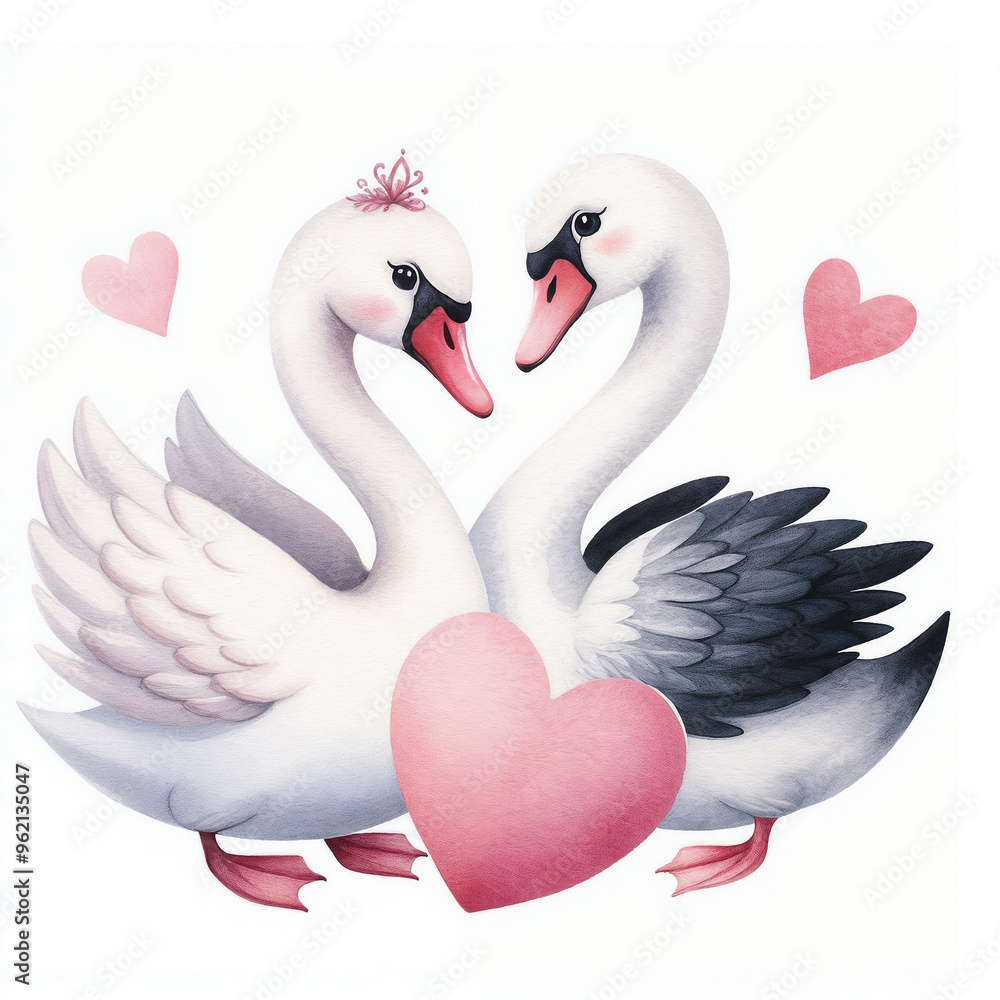 Fototapeta premium Cute swans with heart on white background.AI
