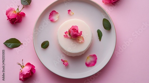 A minimalist dessert plate featuring a rose-flavored panna cotta, adorned with a few edible rose petals