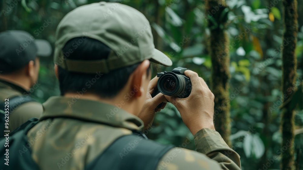 A photostock image of wildlife conservationists protecting an endangered species in a forest A photostock image of wildlife conservationists protecting an endangered species in a forest