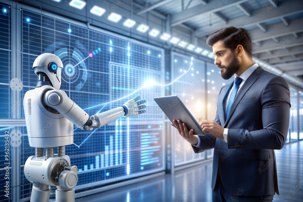 AI-Driven Data Management - Business Professional and Robot Analyzing KPIs and Indicators AI-Driven Data Management - Business Professional and Robot Analyzing KPIs and Indicators