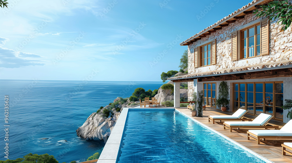 Fototapeta premium Traditional mediterranean Finca house with pool on hill with stunning sea view Summer vacation holiday background