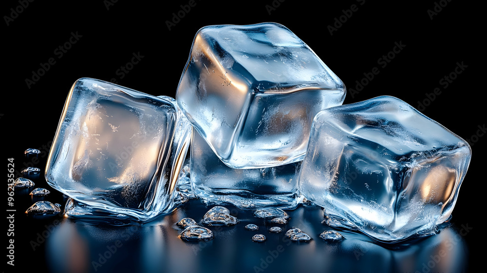 Three Ice Cubes Melting on a Black Surface with Water Drops, Close-up View of Frozen Water on a Dark Background, Crystal Clear Ice Cube with Reflections Three Ice Cubes Melting on a Black Surface with Water Drops, Close-up View of Frozen Water on a Dark Background, Crystal Clear Ice Cube with Reflections