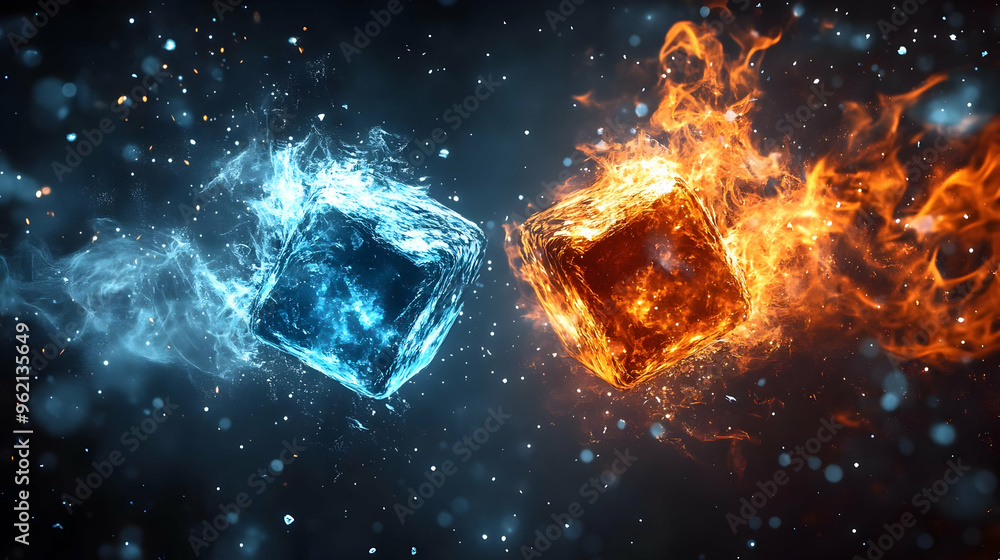 Abstract Fire and Ice Cubes Collide in Dynamic Motion, A Visual Representation of Opposing Forces and Elements Abstract Fire and Ice Cubes Collide in Dynamic Motion, A Visual Representation of Opposing Forces and Elements