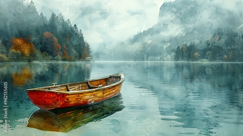 A lone wooden boat sits on a calm lake surrounded by fog and mountains.