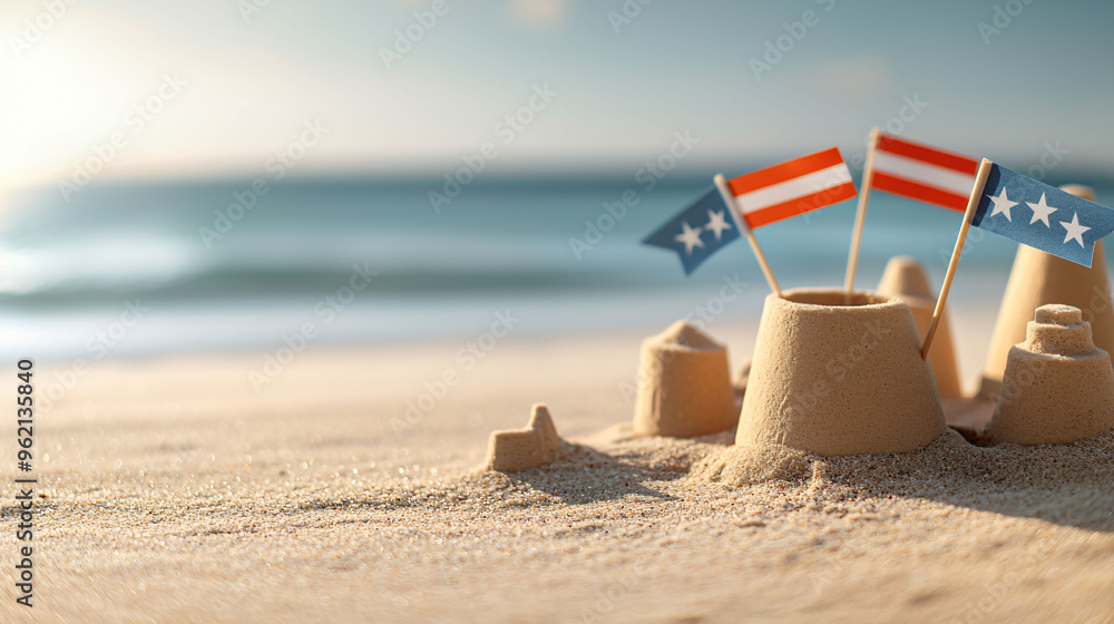 Sunlit beach with sandcastles adorned with Labor Day flags, capturing festive summer vibe. Sunlit beach with sandcastles adorned with Labor Day flags, capturing festive summer vibe.