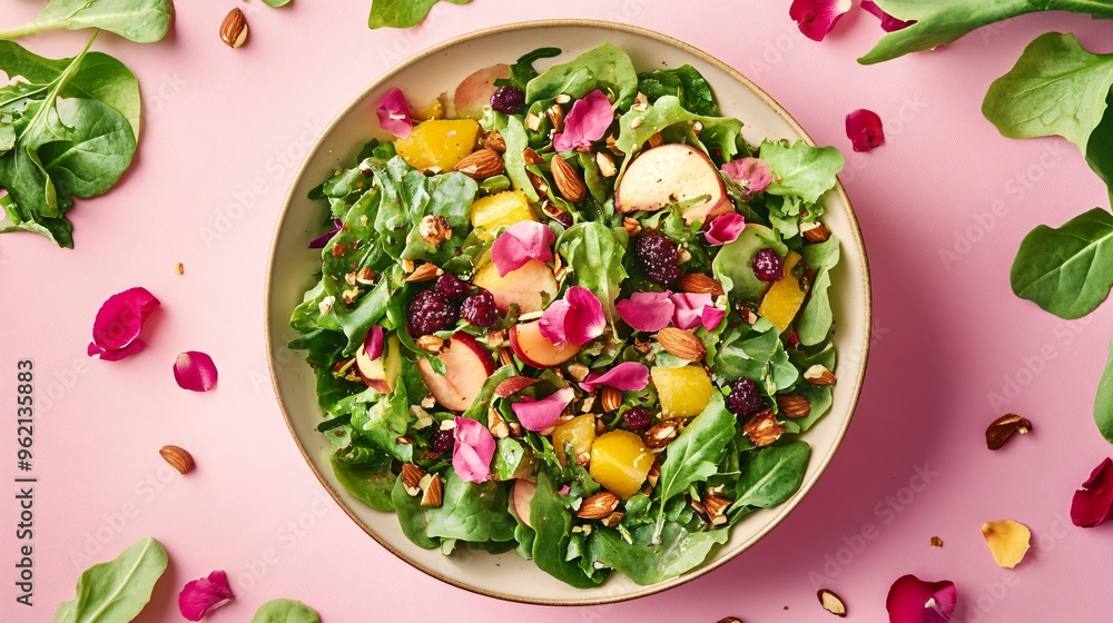 A vibrant salad bowl filled with mixed greens, fresh fruit, nuts, and a scattering of edible rose petals A vibrant salad bowl filled with mixed greens, fresh fruit, nuts, and a scattering of edible rose petals