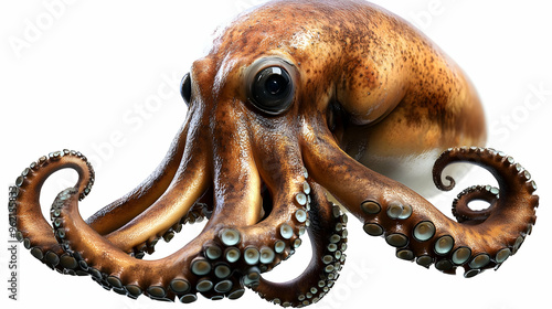 Close-Up of an Octopus with Detailed Tentacles and Large Eyes on White Background