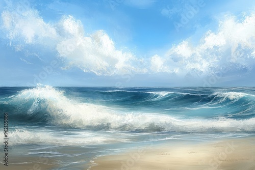 Breaking Waves on a Sandy Beach with a Blue Sky and White Clouds