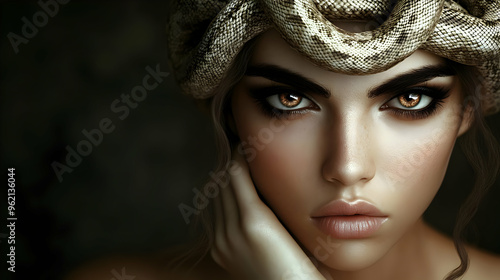 A Woman With a Snake Crown, Her Golden Eyes Gaze Intently, Mysterious and Captivating, A Portrait of Beauty and Danger photo