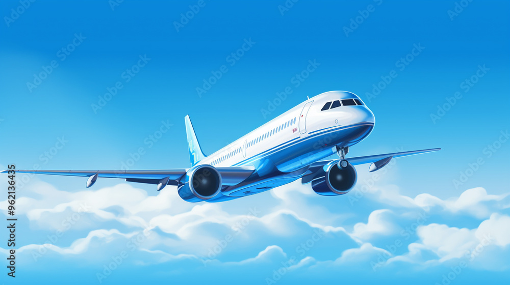 Airplane in the blue sky with clouds. 3D illustration. Generate Ai Airplane in the blue sky with clouds. 3D illustration. Generate Ai