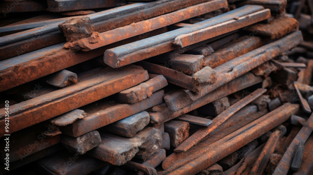 Rusty Metal Bars: A close-up view of a pile of rusty metal bars, capturing the texture and details of their weathered surface. The image evokes a sense of industrial history and the passage of time. Rusty Metal Bars: A close-up view of a pile of rusty metal bars, capturing the texture and details of their weathered surface. The image evokes a sense of industrial history and the passage of time.