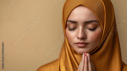 portrait of a muslim woman, wearing golden hijab, eyes closed, close up, banner design, ramadan and eid concept